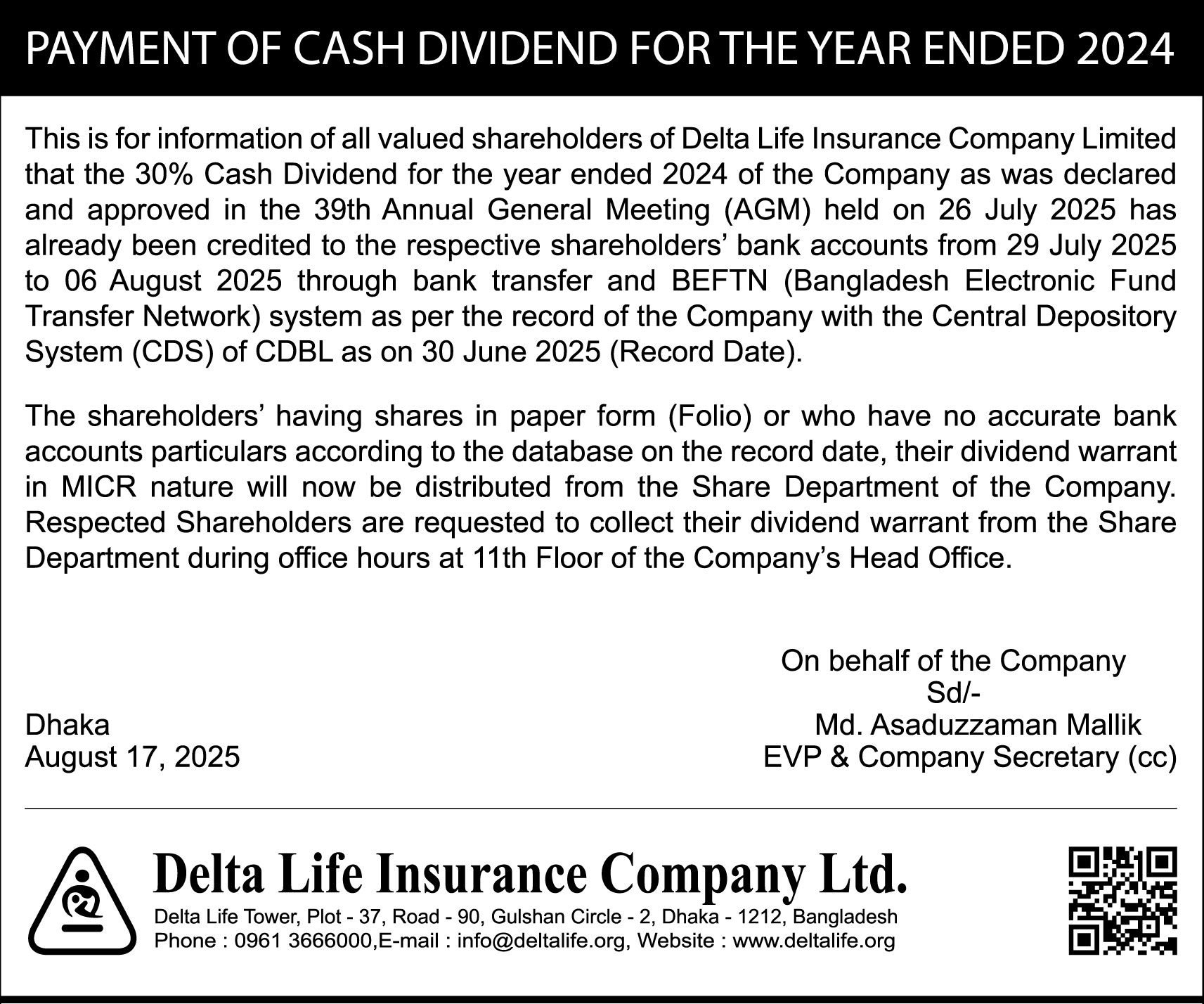 Dividend Payment Notice