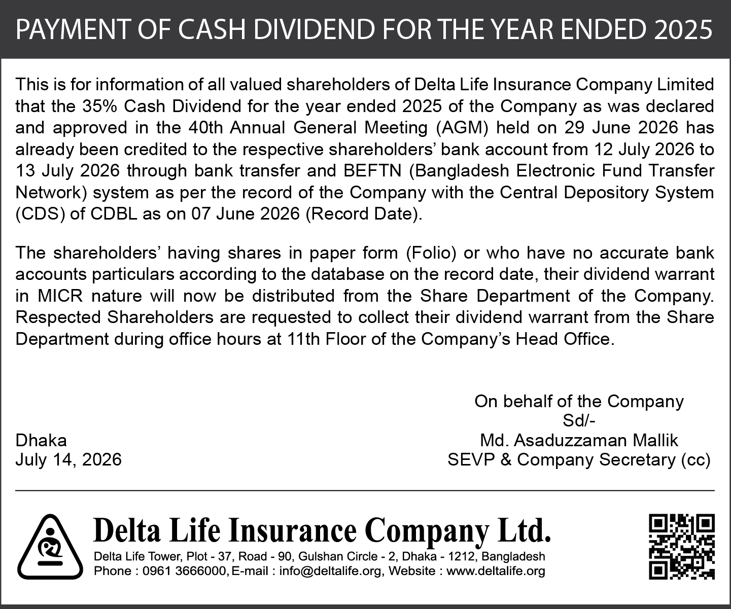 Dividend Payment Notice